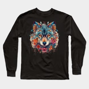 Colorful Wolf With Flowers Long Sleeve T-Shirt